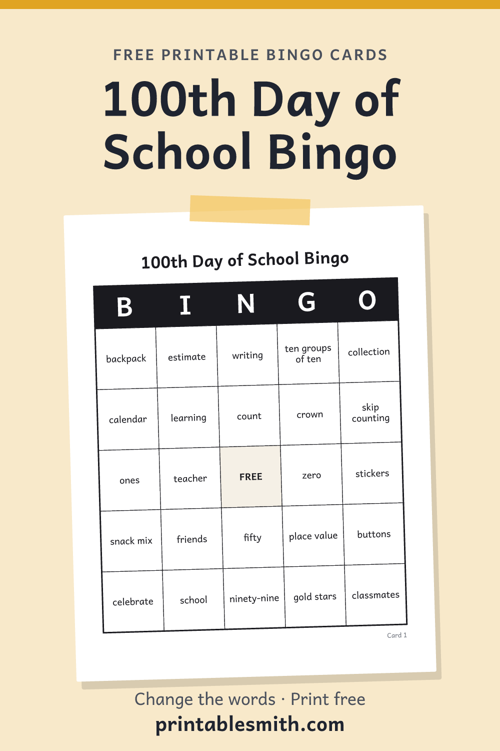 100th Day of School Bingo: printable card from a set of up to 100 different cards, with 32 words