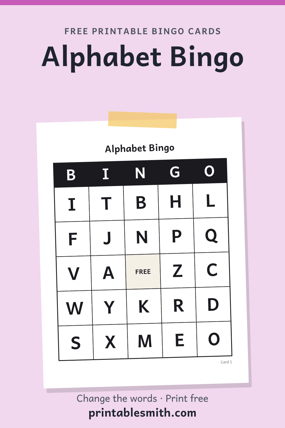 Alphabet Bingo: printable card from a set of up to 100 different cards, with 26 words