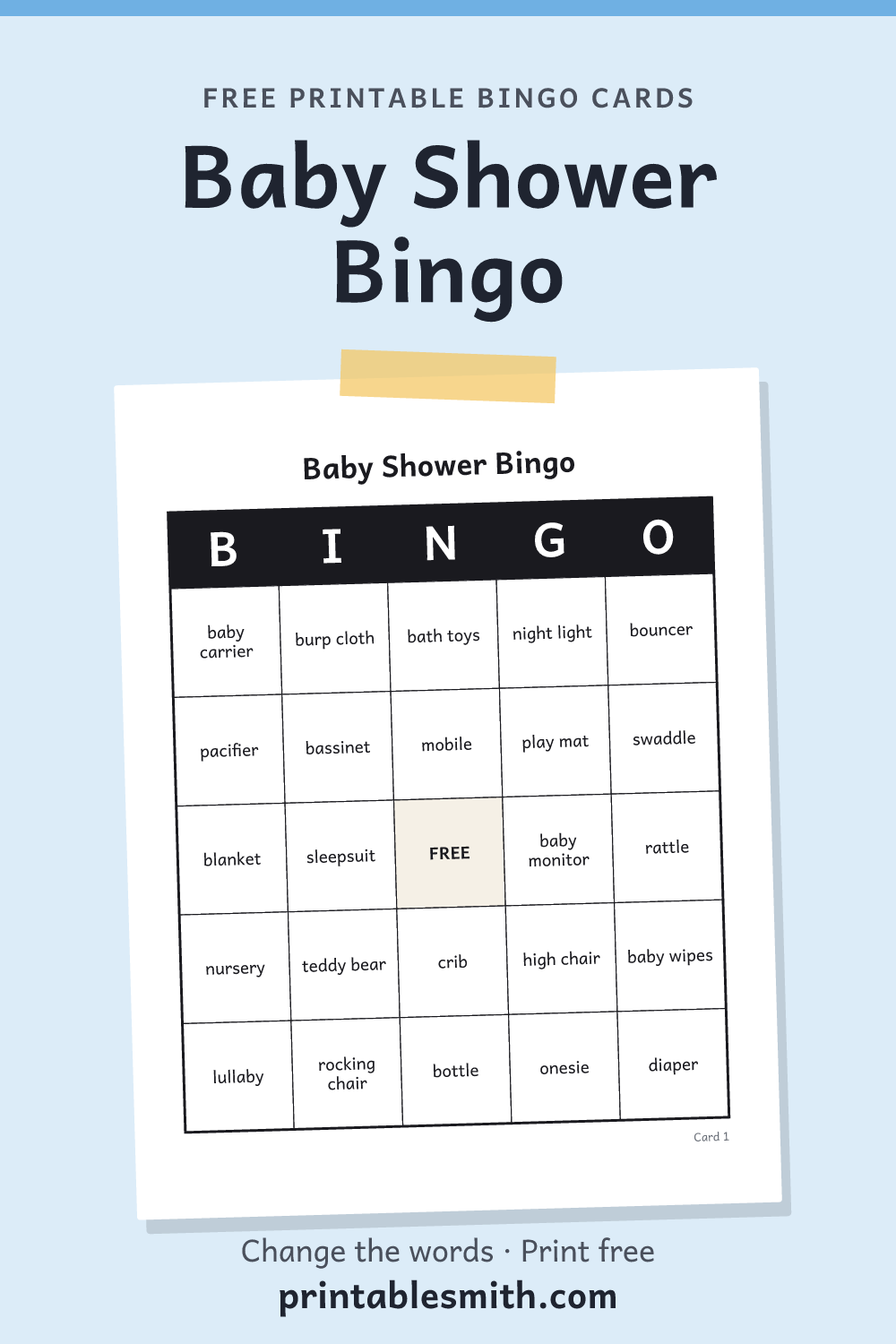 Baby Shower Bingo: printable card from a set of up to 100 different cards, with 36 words