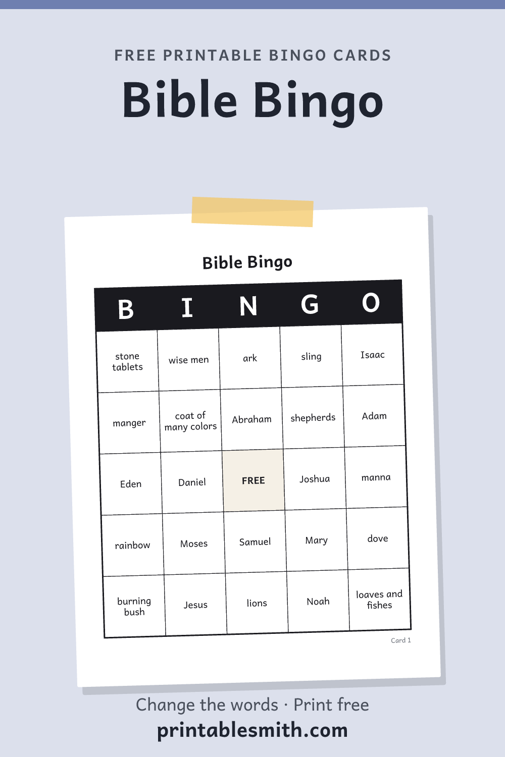 Bible Bingo: printable card from a set of up to 100 different cards, with 40 words