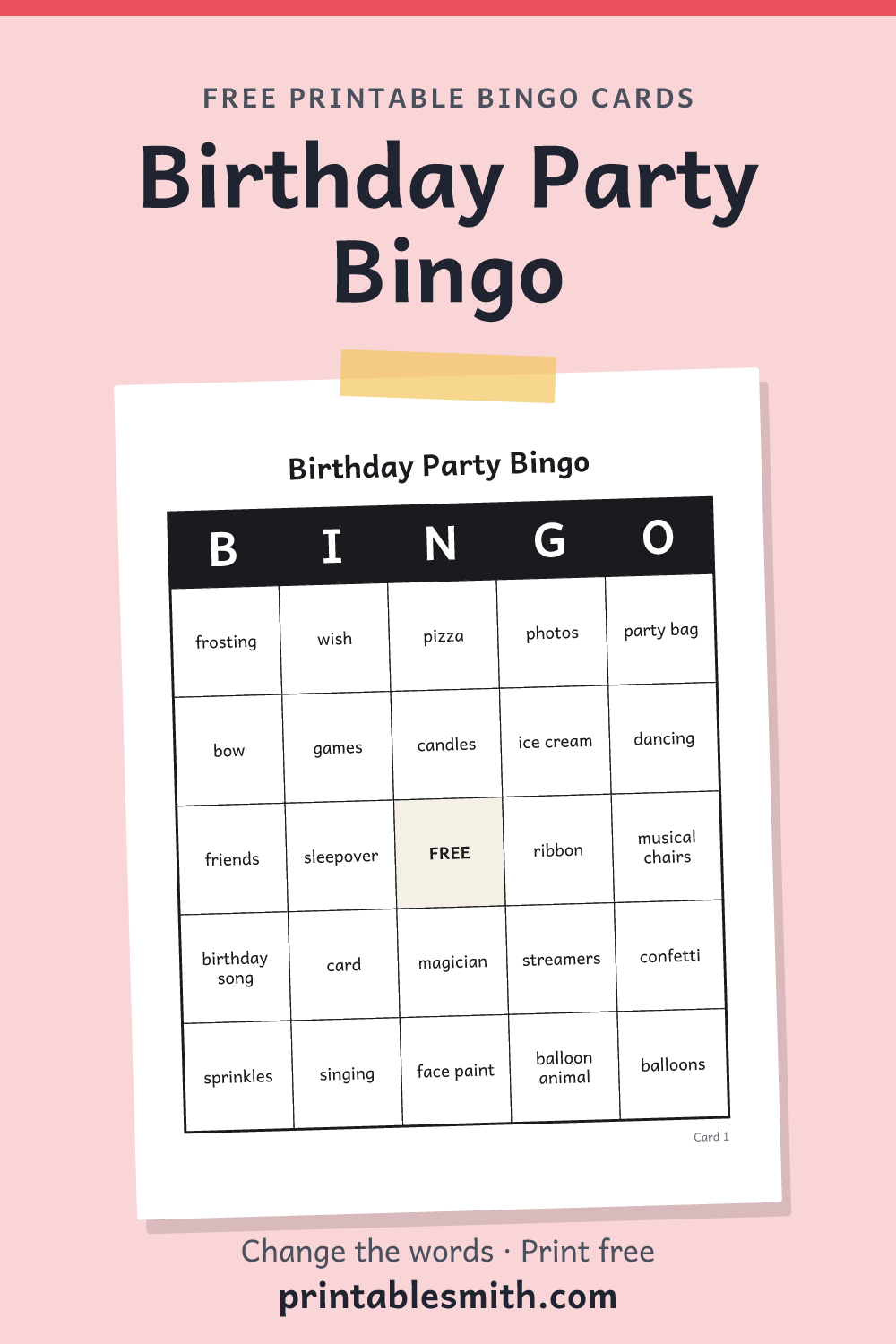 Birthday Party Bingo: printable card from a set of up to 100 different cards, with 36 words