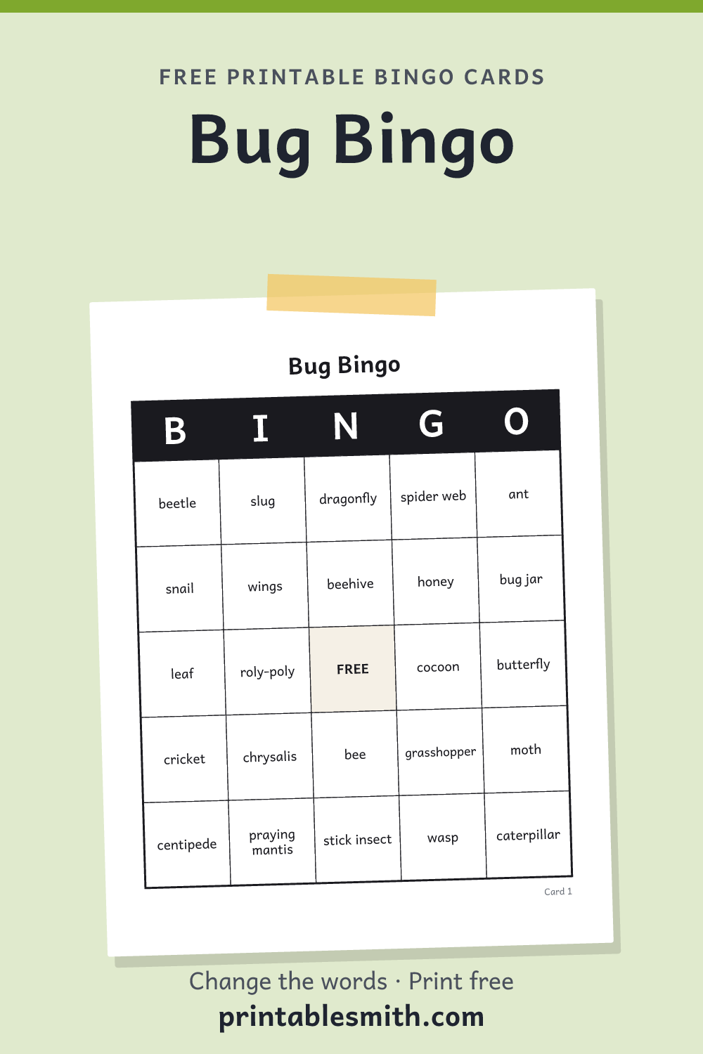 Bug Bingo: printable card from a set of up to 100 different cards, with 36 words