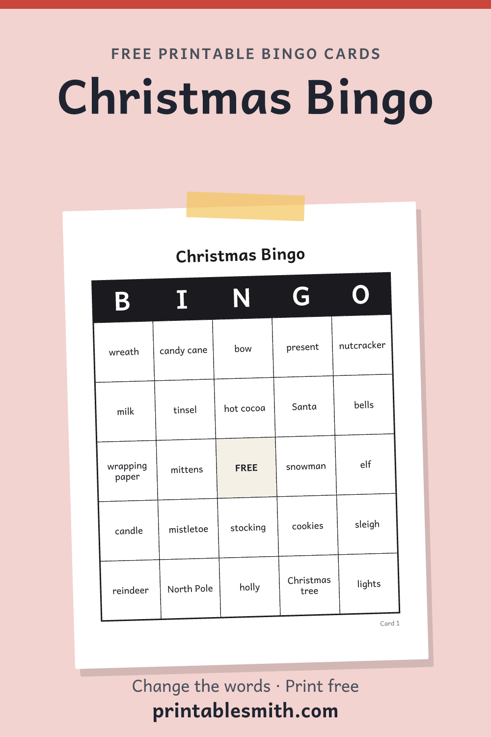 Christmas Bingo: printable card from a set of up to 100 different cards, with 34 words