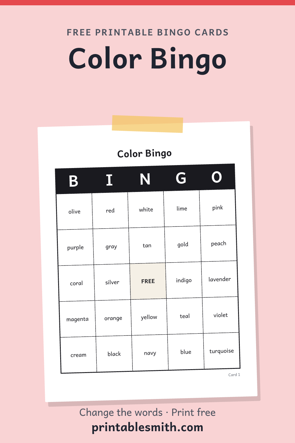 Color Bingo: printable card from a set of up to 100 different cards, with 30 words