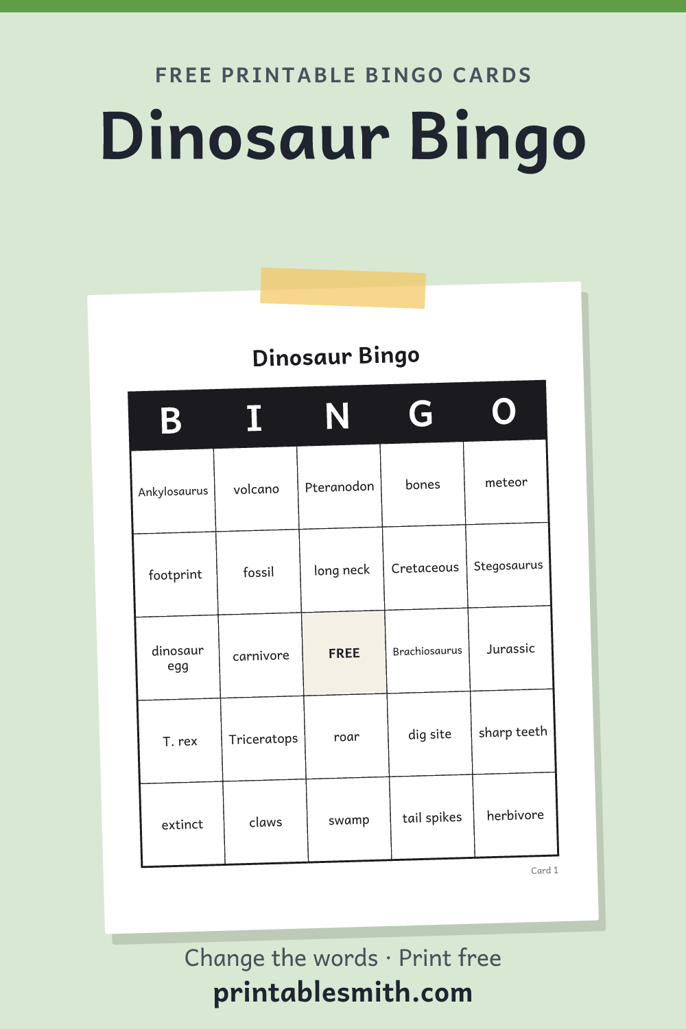 Dinosaur Bingo: printable card from a set of up to 100 different cards, with 33 words