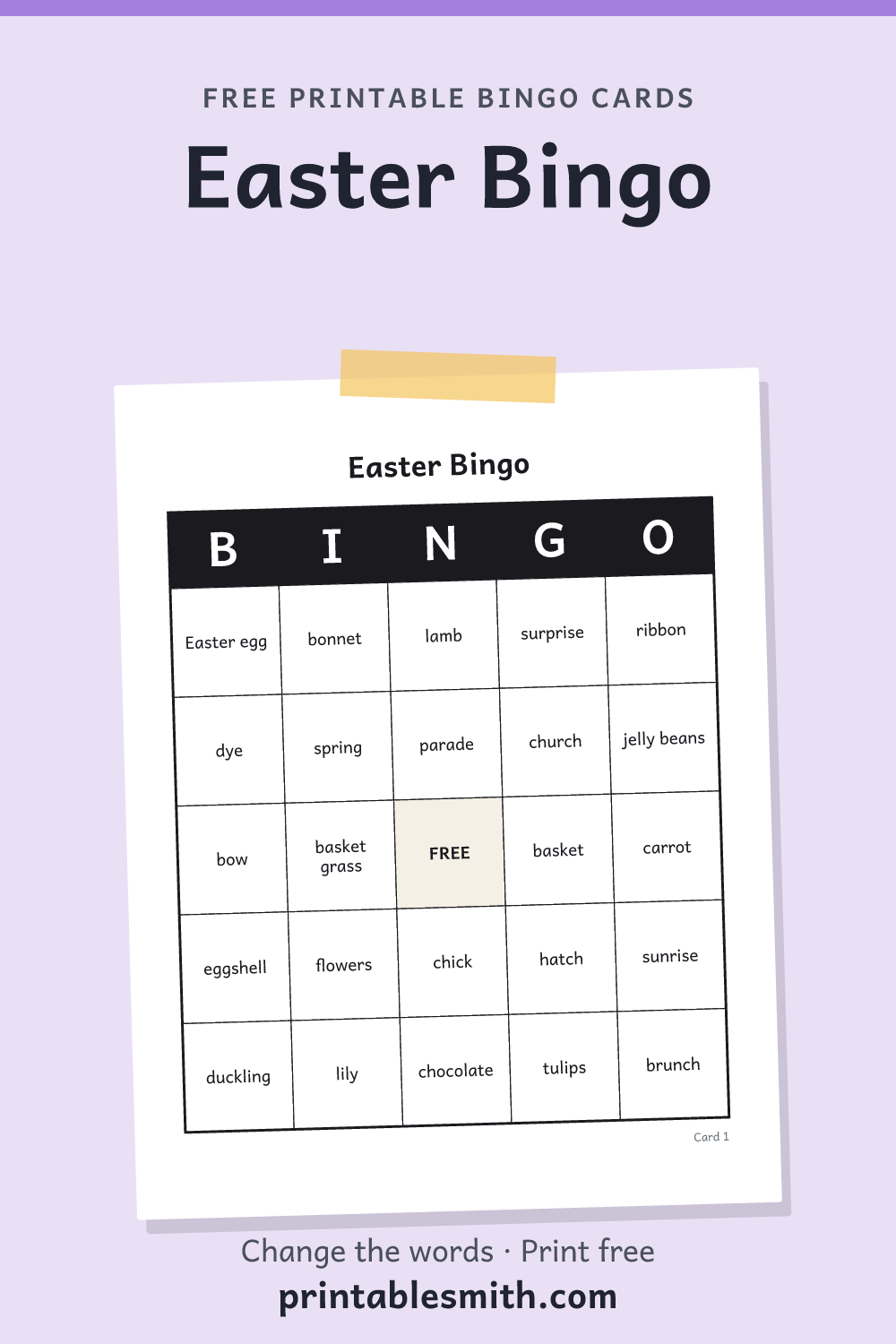 Easter Bingo: printable card from a set of up to 100 different cards, with 32 words