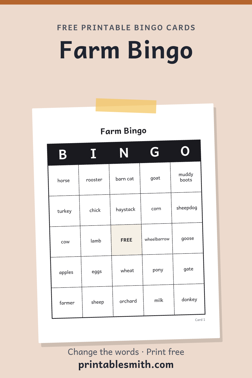 Farm Bingo: printable card from a set of up to 100 different cards, with 38 words