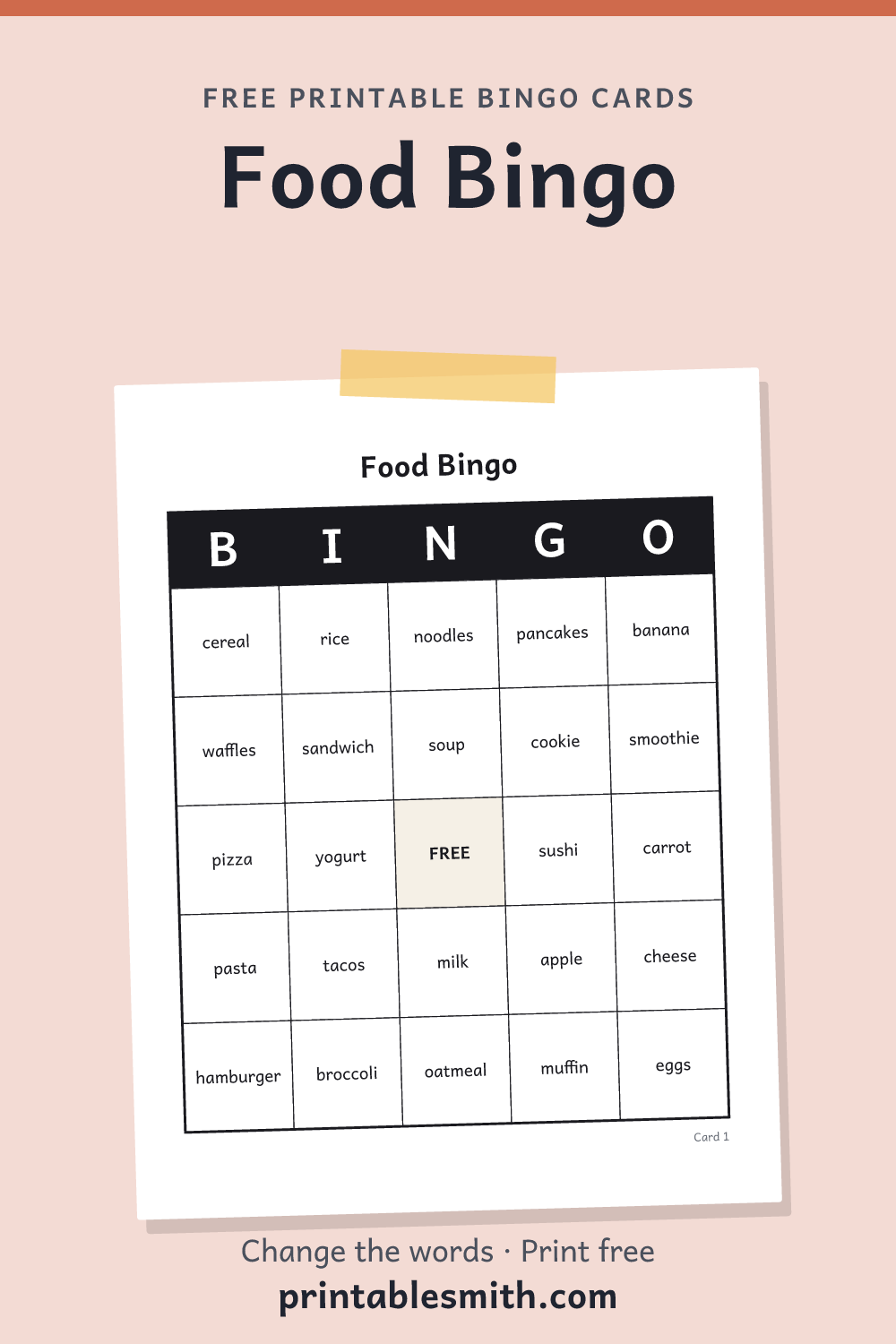 Food Bingo: printable card from a set of up to 100 different cards, with 32 words
