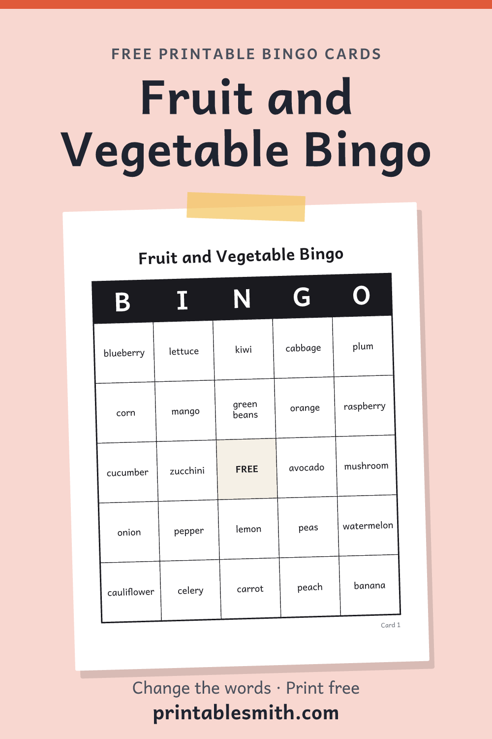 Fruit and Vegetable Bingo: printable card from a set of up to 100 different cards, with 36 words