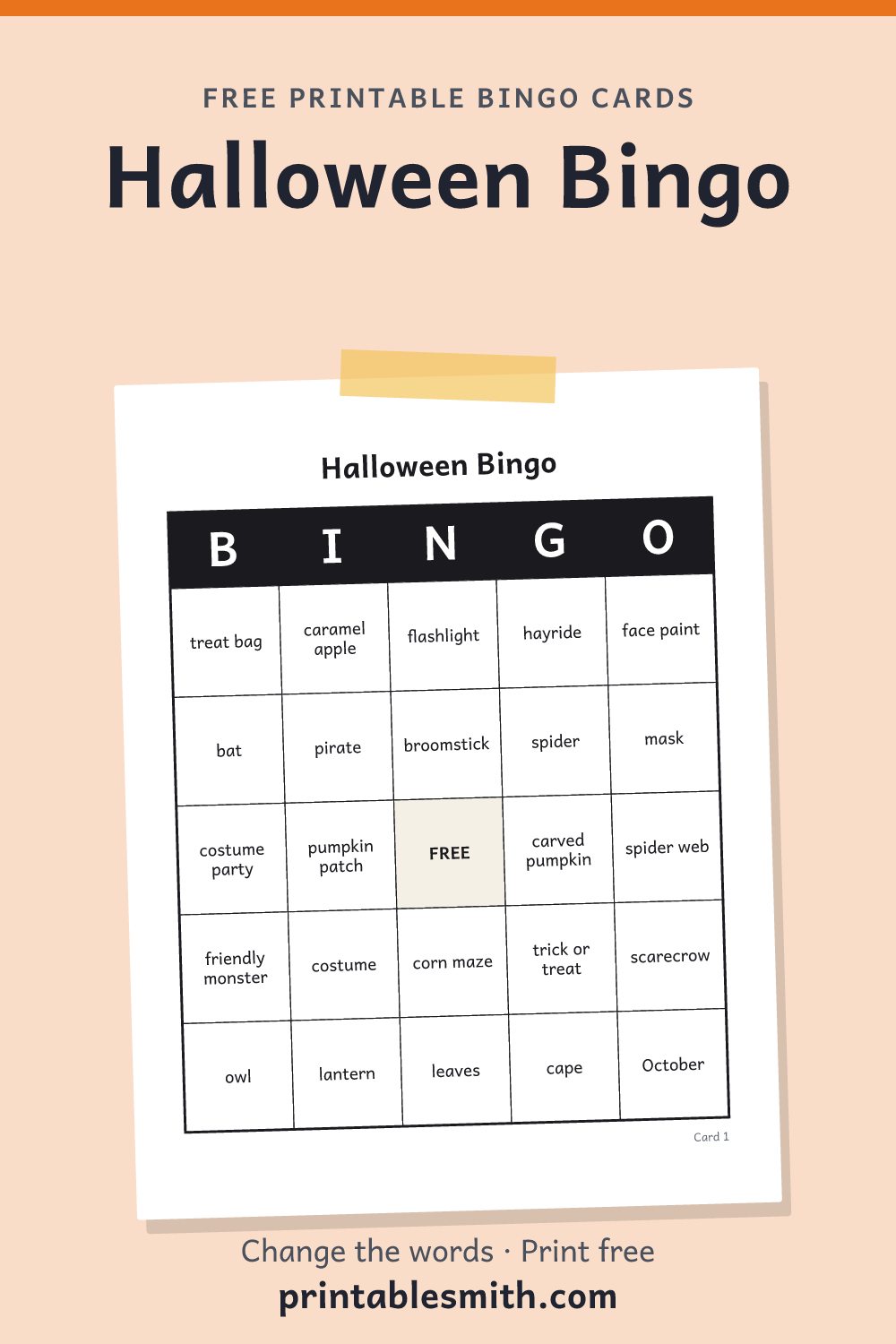 Halloween Bingo: printable card from a set of up to 100 different cards, with 32 words
