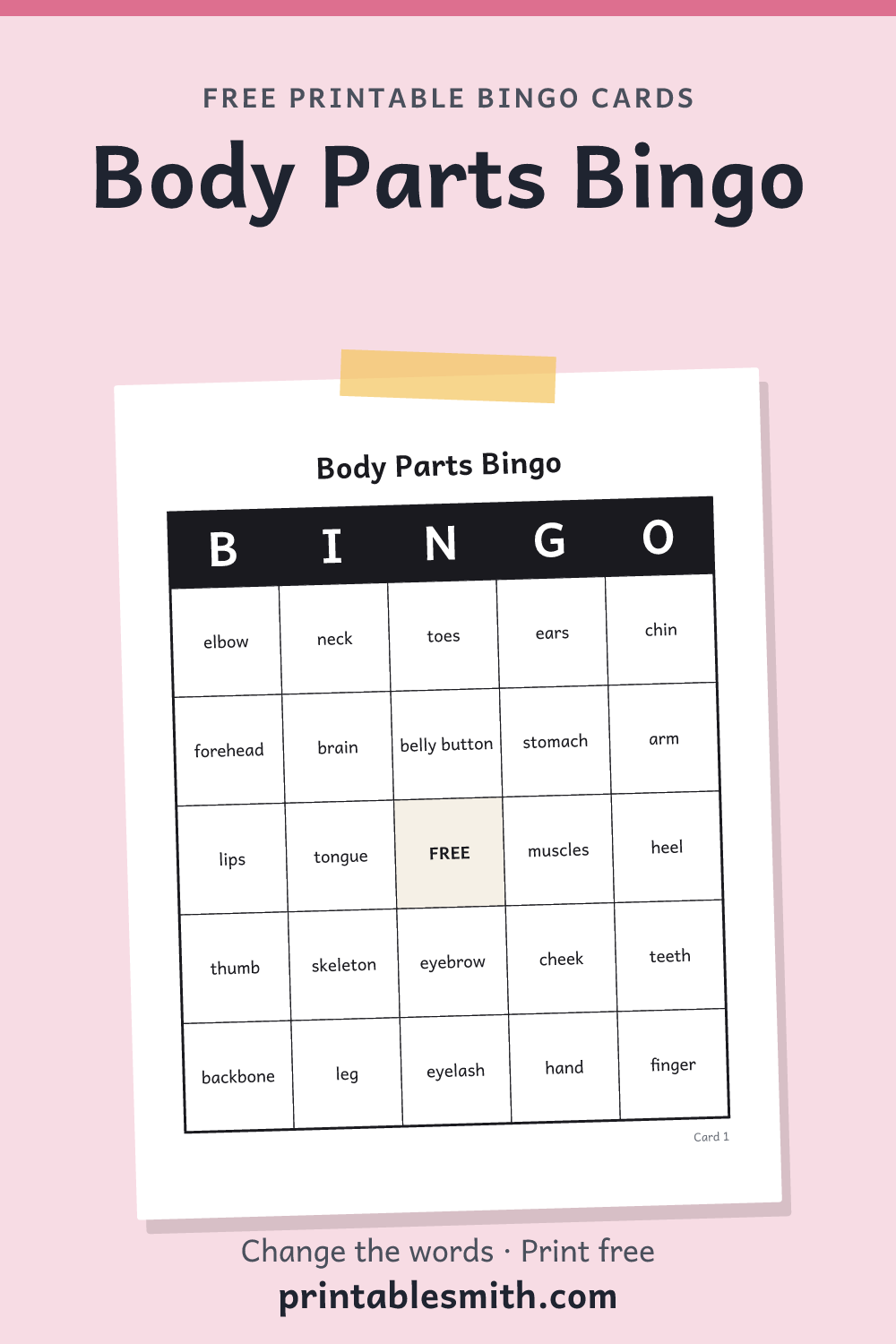 Body Parts Bingo: printable card from a set of up to 100 different cards, with 36 words