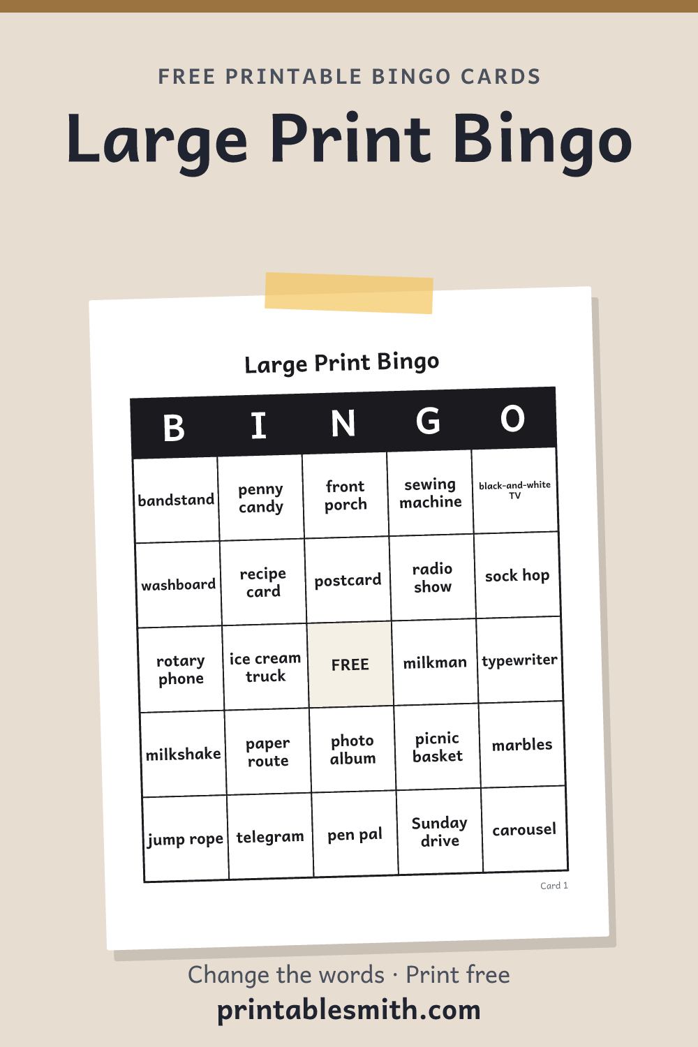 Large Print Bingo: printable card from a set of up to 100 different cards, with 34 words