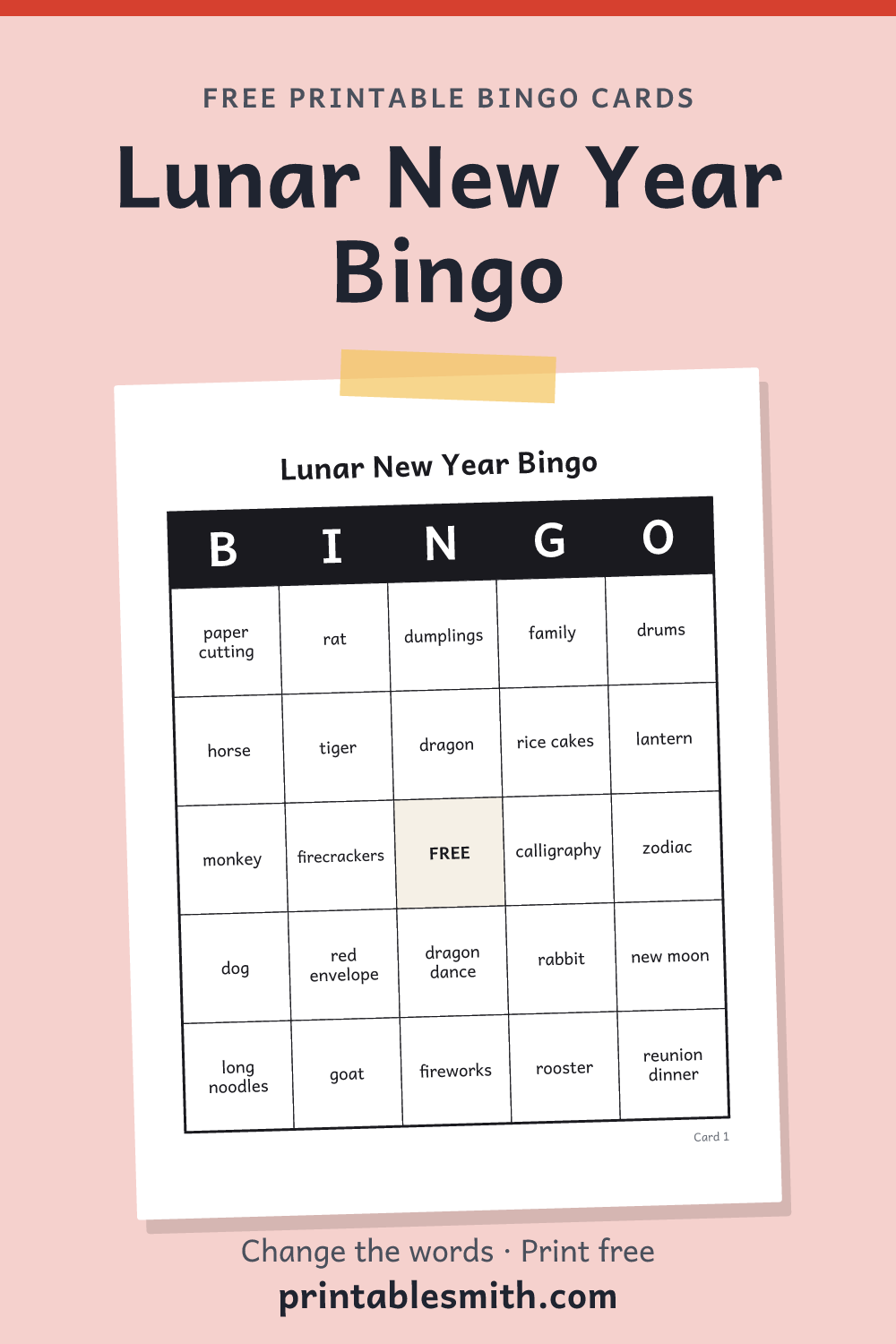 Lunar New Year Bingo: printable card from a set of up to 100 different cards, with 32 words