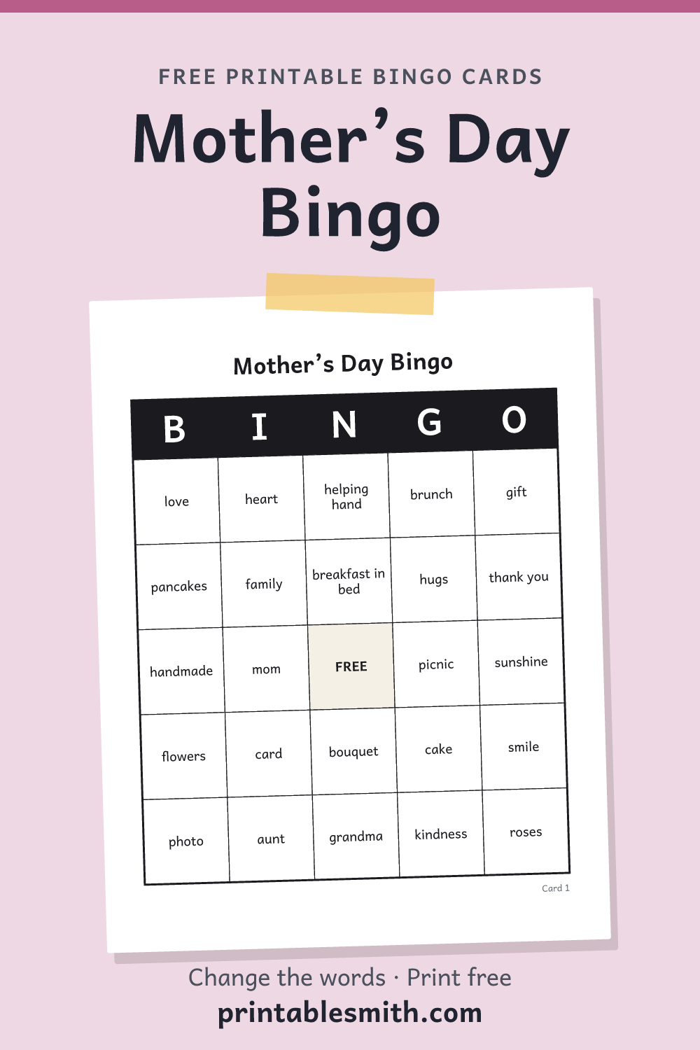 Mother’s Day Bingo: printable card from a set of up to 100 different cards, with 32 words