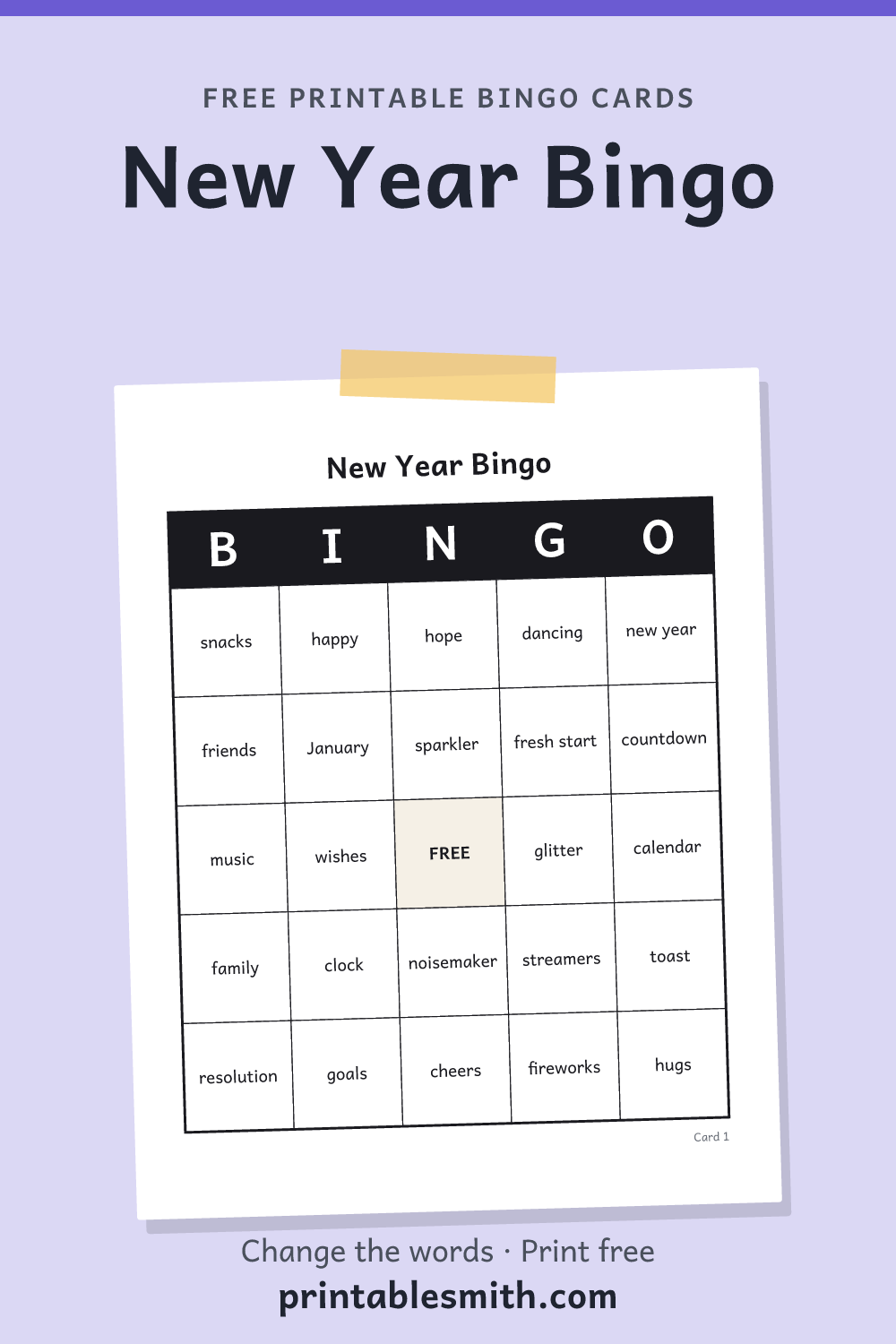 New Year Bingo: printable card from a set of up to 100 different cards, with 32 words
