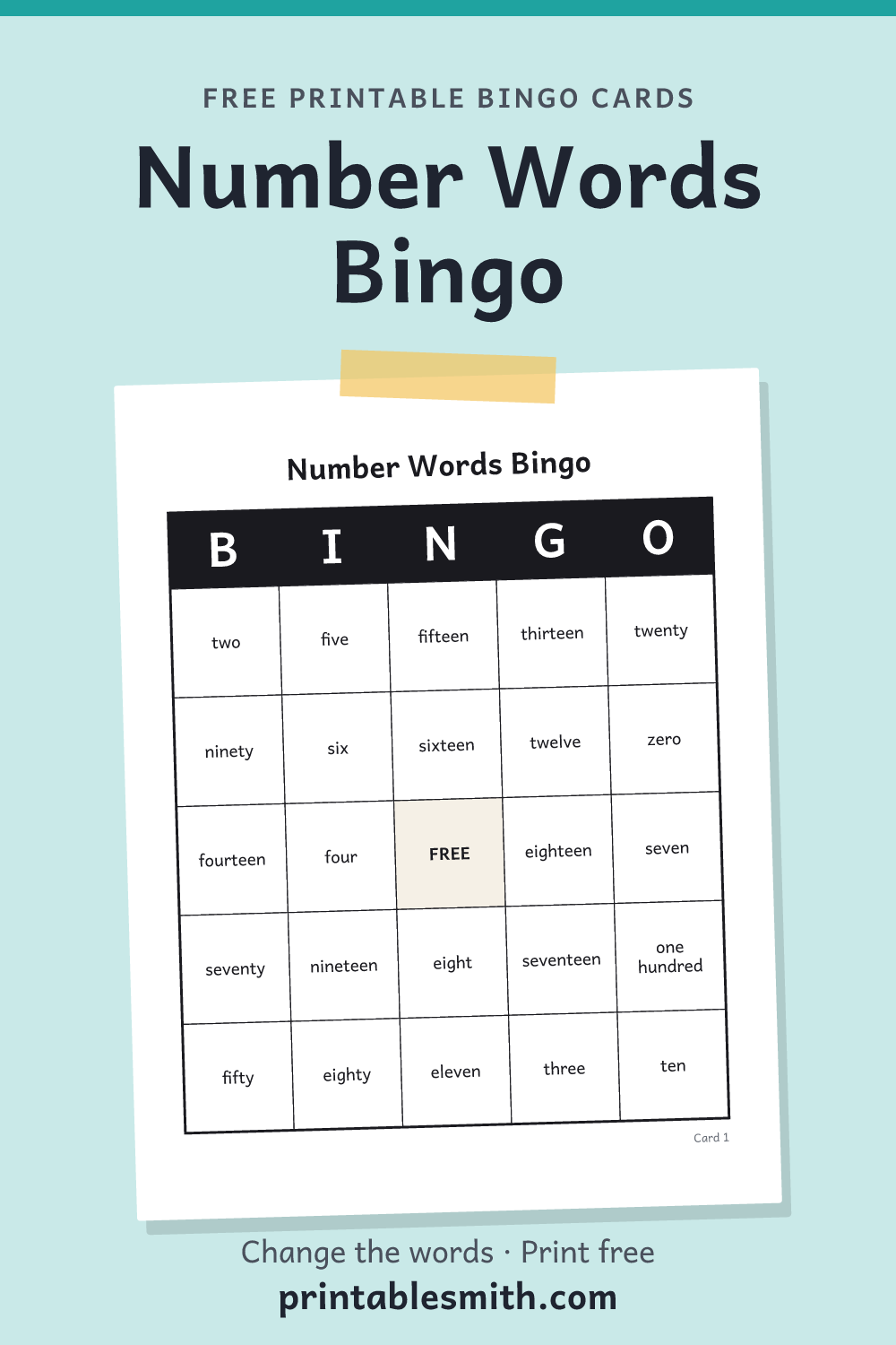 Number Words Bingo: printable card from a set of up to 100 different cards, with 29 words
