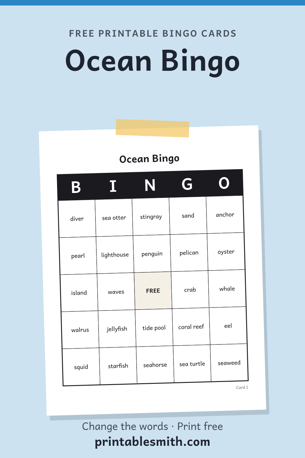 Ocean Bingo: printable card from a set of up to 100 different cards, with 36 words