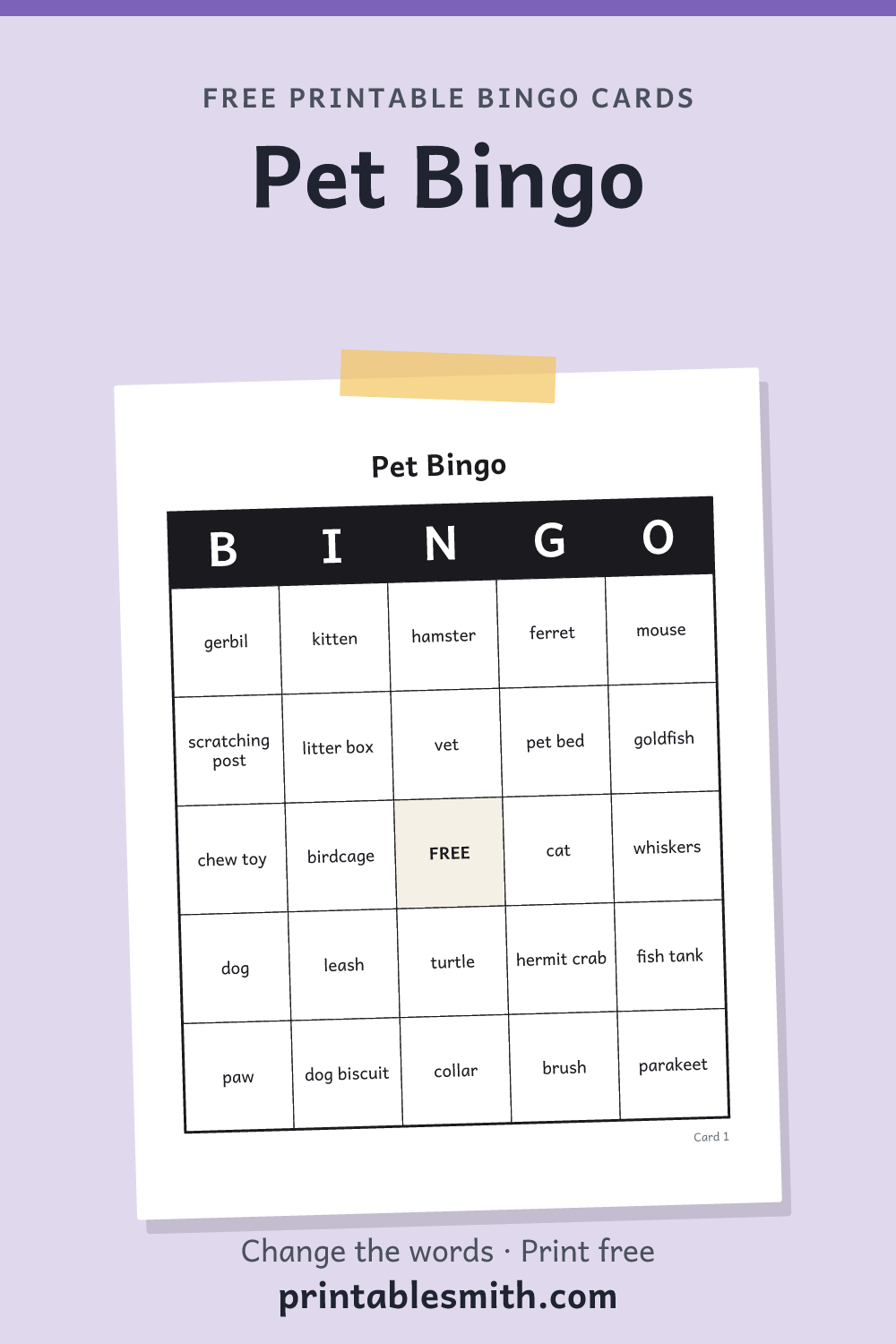 Pet Bingo: printable card from a set of up to 100 different cards, with 36 words