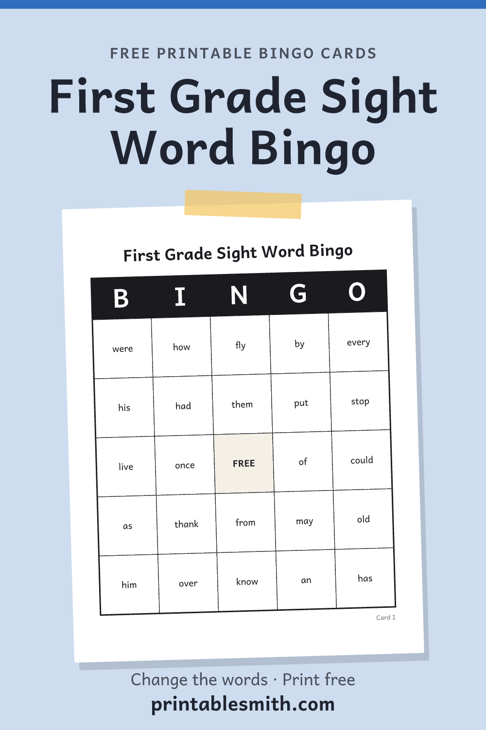 First Grade Sight Word Bingo: printable card from a set of up to 100 different cards, with 41 words