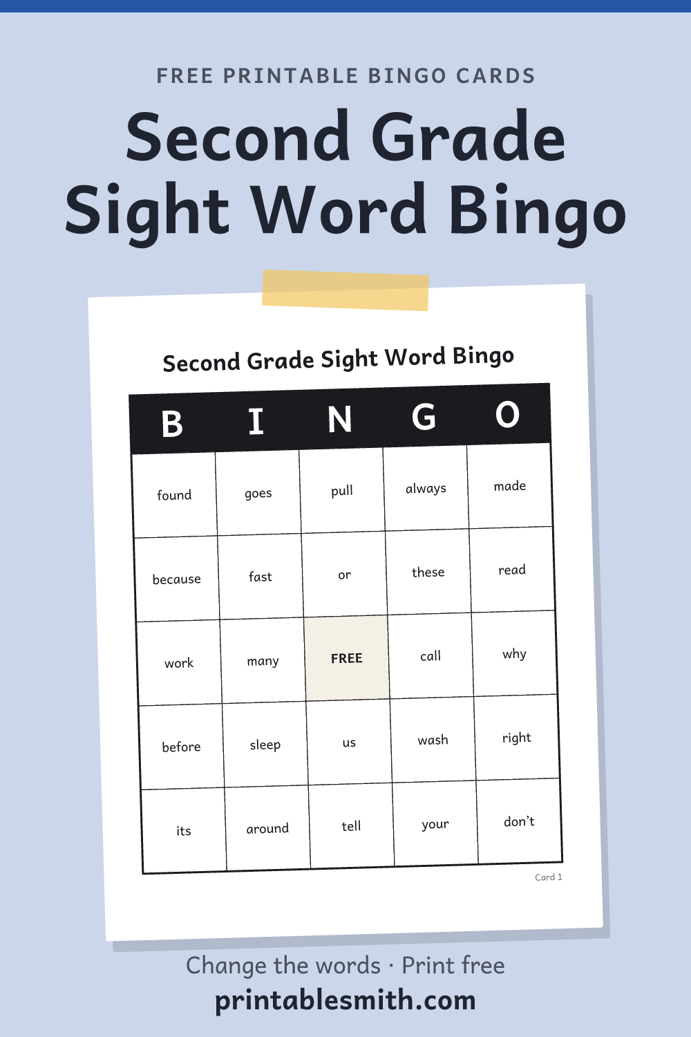 Second Grade Sight Word Bingo: printable card from a set of up to 100 different cards, with 46 words