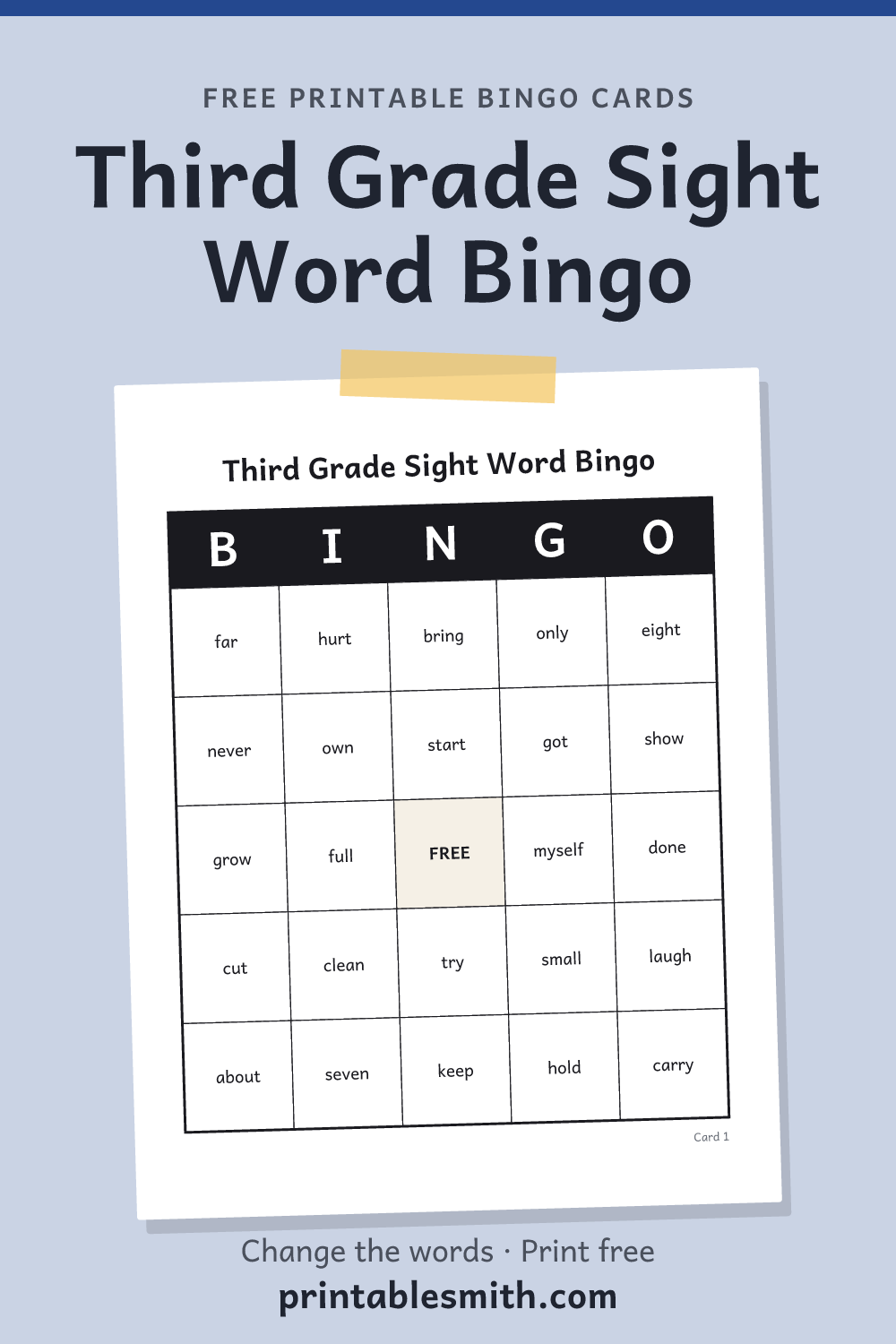 Third Grade Sight Word Bingo: printable card from a set of up to 100 different cards, with 41 words