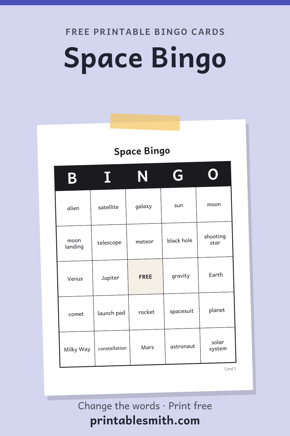 Space Bingo: printable card from a set of up to 100 different cards, with 34 words