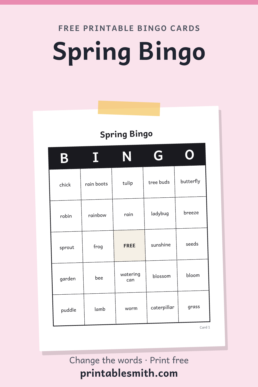 Spring Bingo: printable card from a set of up to 100 different cards, with 32 words