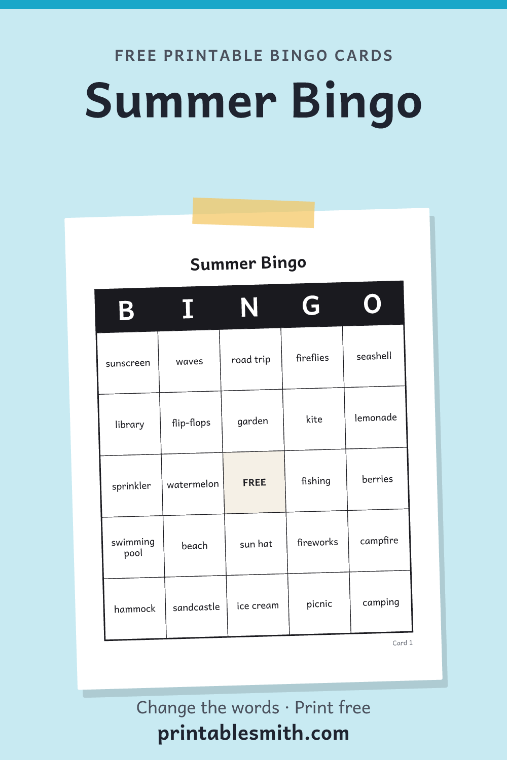 Summer Bingo: printable card from a set of up to 100 different cards, with 32 words