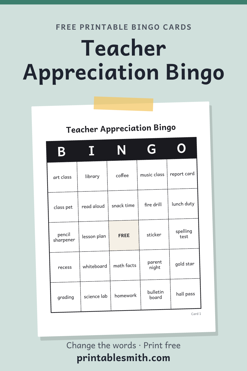 Teacher Appreciation Bingo: printable card from a set of up to 100 different cards, with 32 words