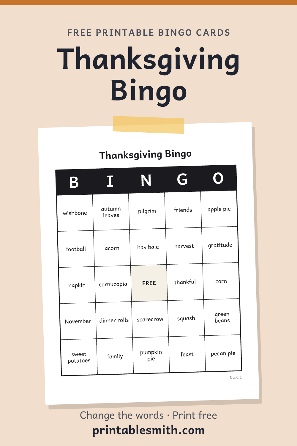 Thanksgiving Bingo: printable card from a set of up to 100 different cards, with 32 words