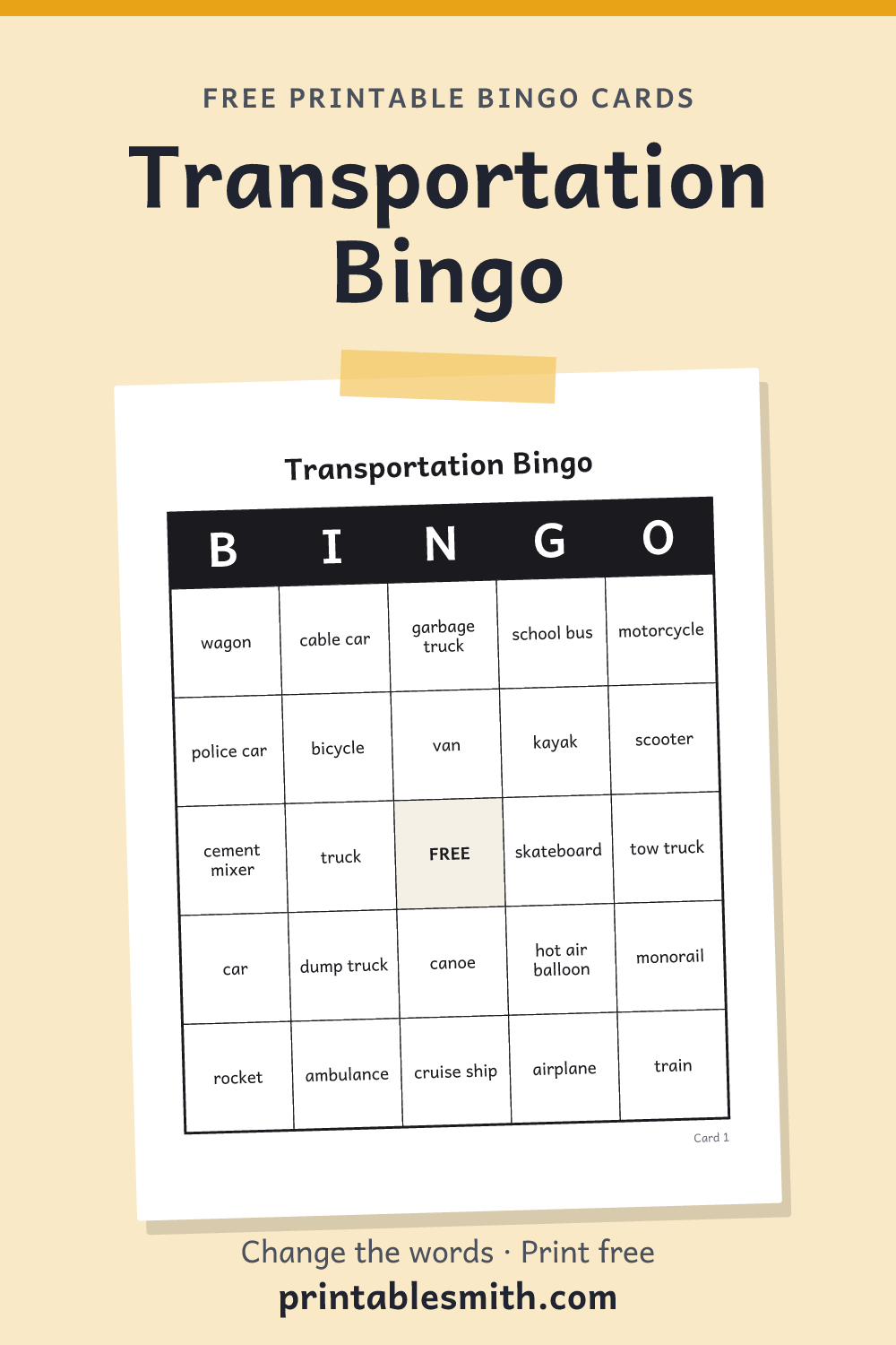 Transportation Bingo: printable card from a set of up to 100 different cards, with 34 words