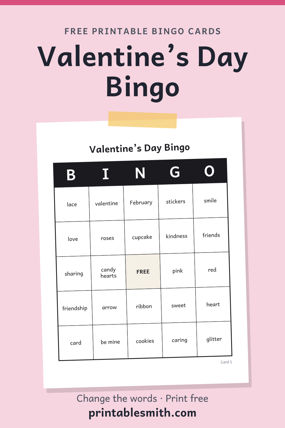 Valentine’s Day Bingo: printable card from a set of up to 100 different cards, with 32 words