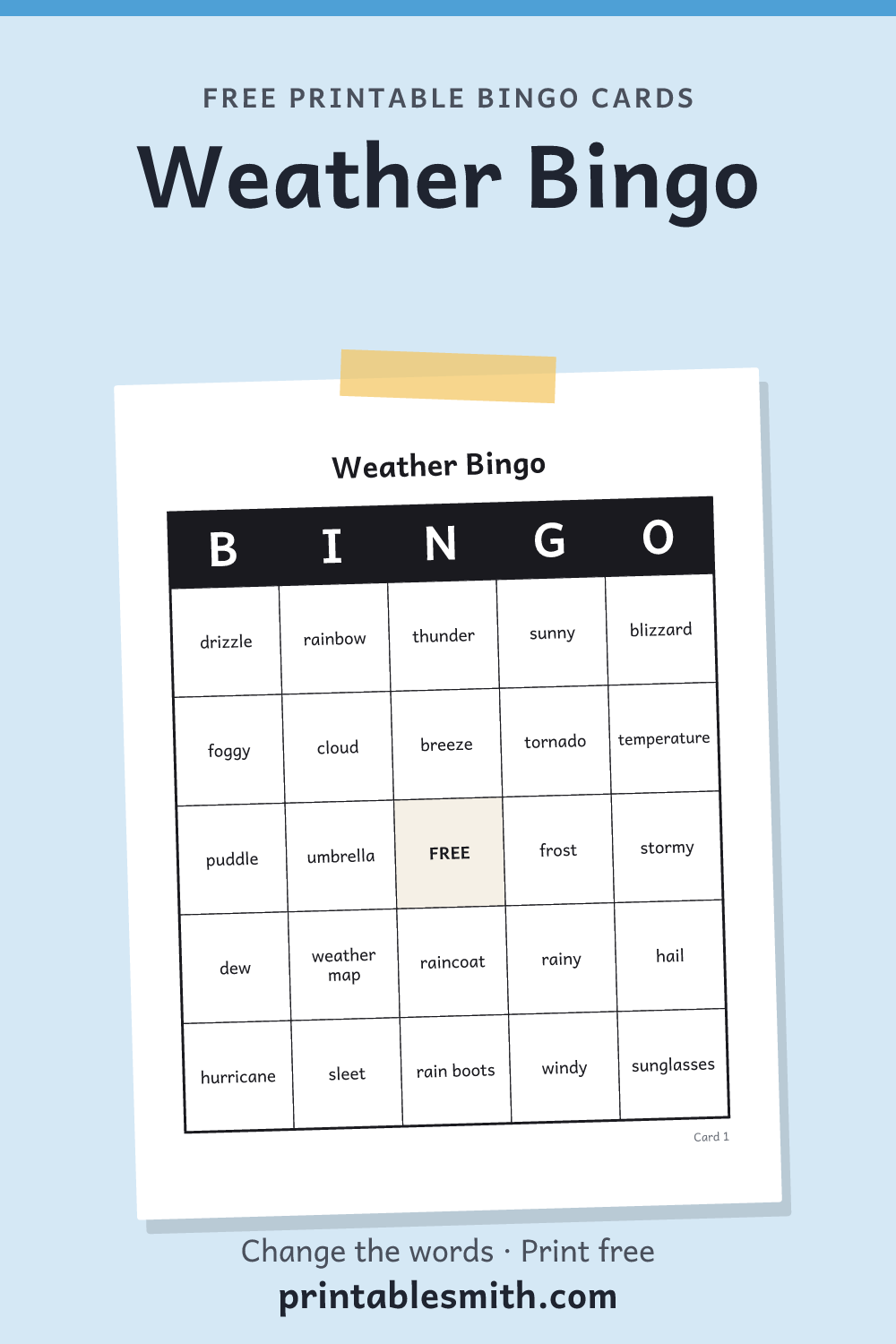 Weather Bingo: printable card from a set of up to 100 different cards, with 34 words