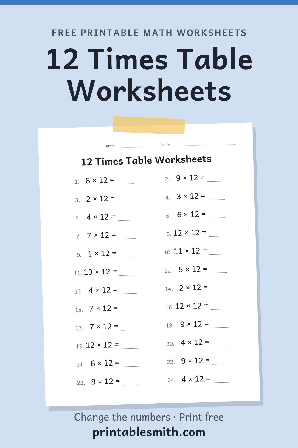 12 Times Table Worksheets: printable math worksheet with 24 problems and an answer key, from a free math worksheet generator