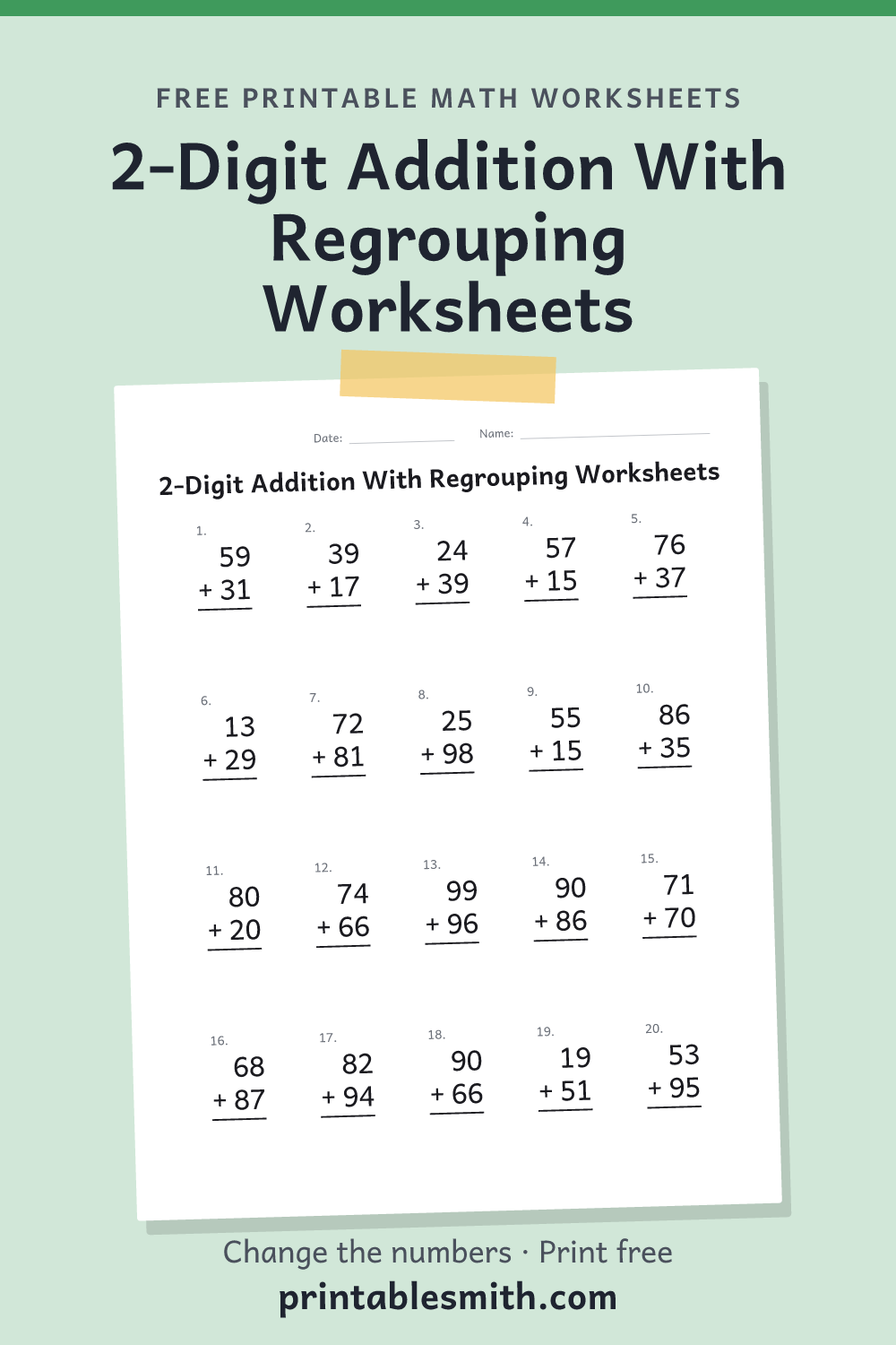 2-Digit Addition With Regrouping Worksheets: printable math worksheet with 20 problems and an answer key, from a free math worksheet generator