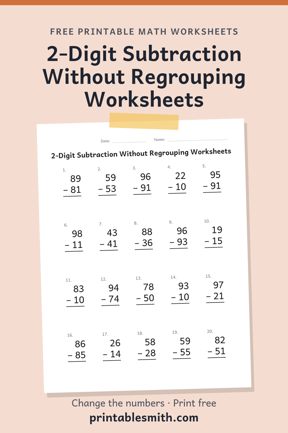 2-Digit Subtraction Without Regrouping Worksheets: printable math worksheet with 20 problems and an answer key, from a free math worksheet generator
