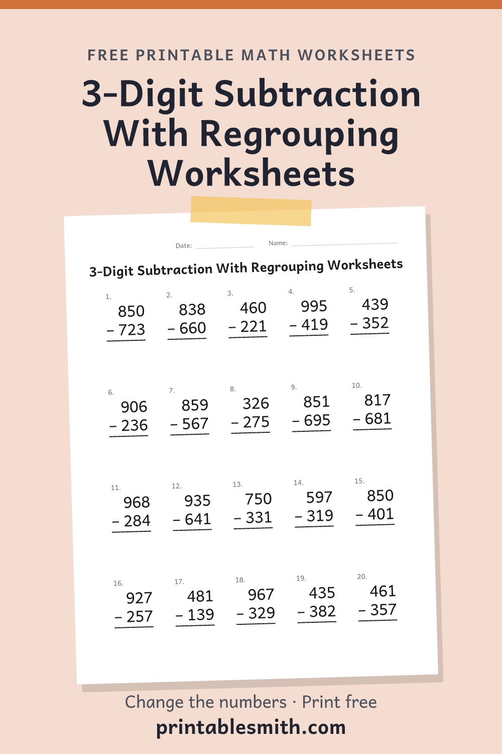 3-Digit Subtraction With Regrouping Worksheets: printable math worksheet with 20 problems and an answer key, from a free math worksheet generator