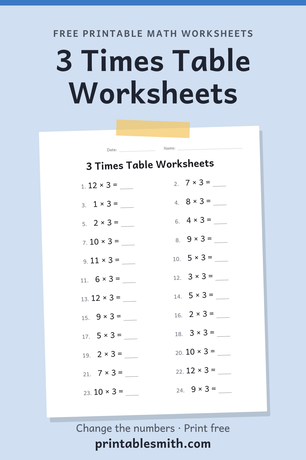 3 Times Table Worksheets: printable math worksheet with 24 problems and an answer key, from a free math worksheet generator