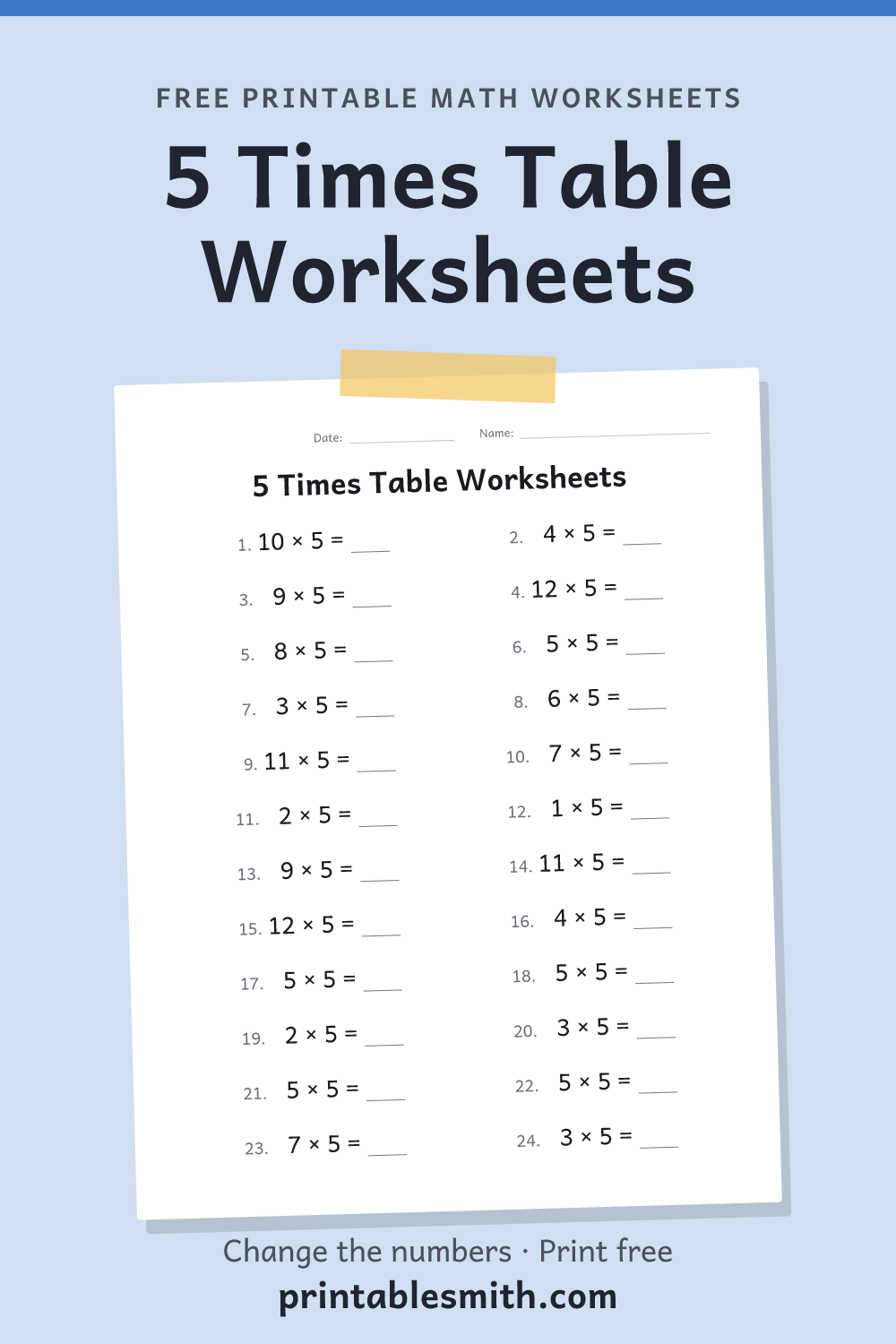 5 Times Table Worksheets: printable math worksheet with 24 problems and an answer key, from a free math worksheet generator