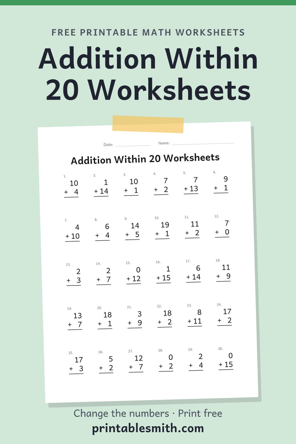 Addition Within 20 Worksheets: printable math worksheet with 30 problems and an answer key, from a free math worksheet generator