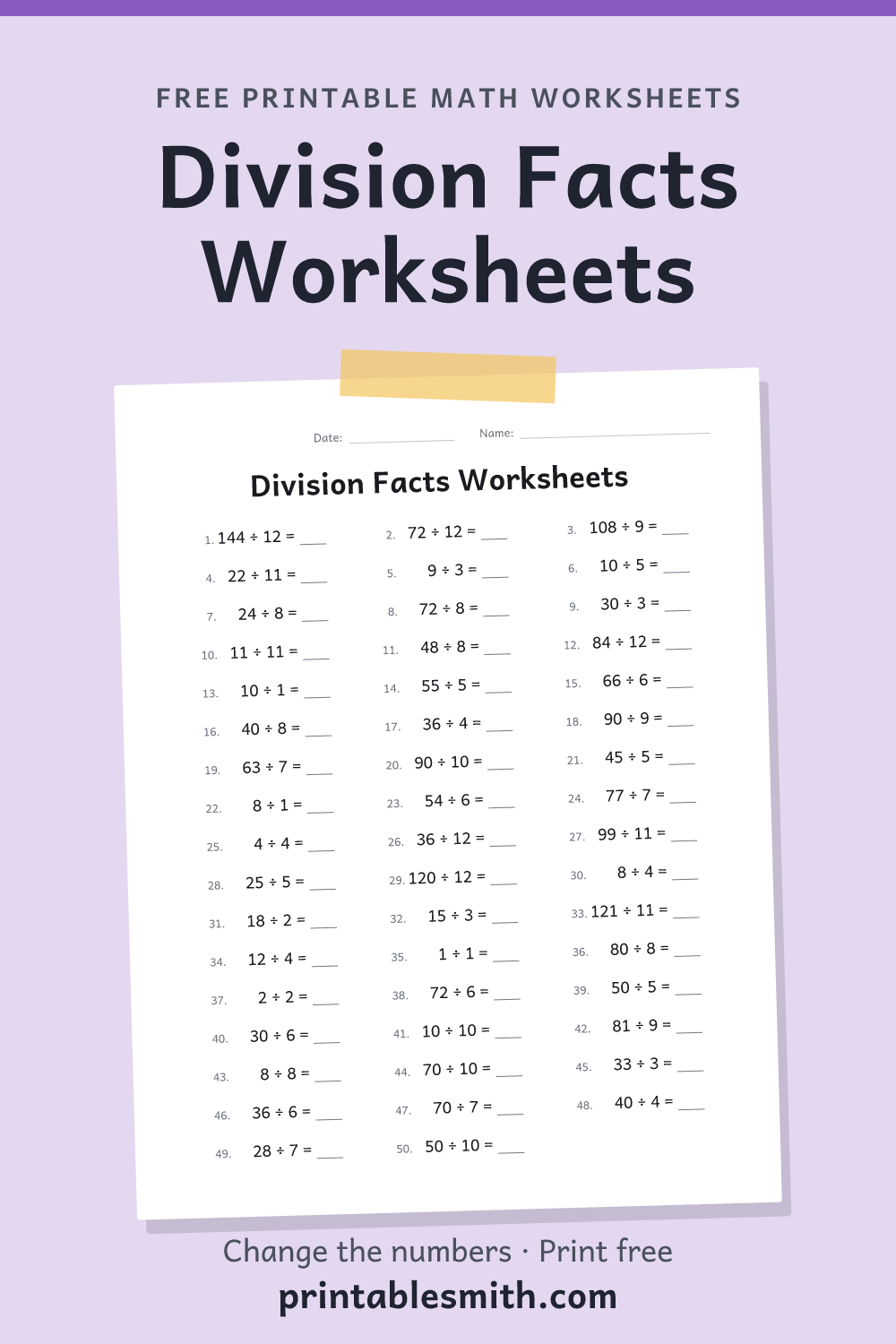Division Facts Worksheets: printable math worksheet with 50 problems and an answer key, from a free math worksheet generator