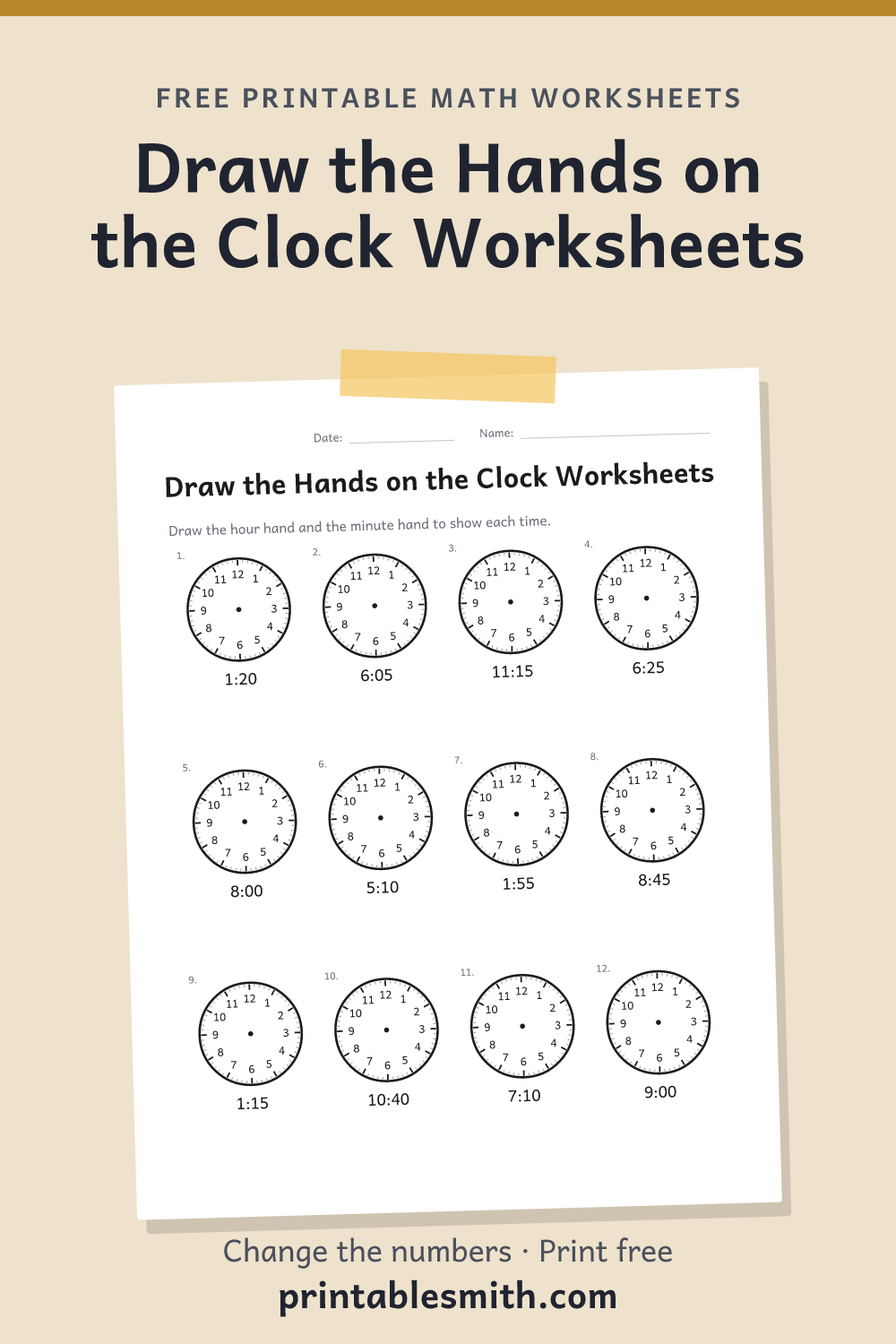 Draw the Hands on the Clock Worksheets: printable math worksheet with 12 problems and an answer key, from a free math worksheet generator