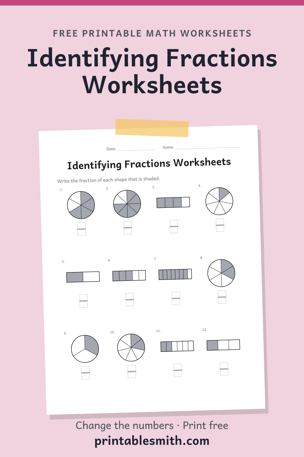 Identifying Fractions Worksheets: printable math worksheet with 12 problems and an answer key, from a free math worksheet generator