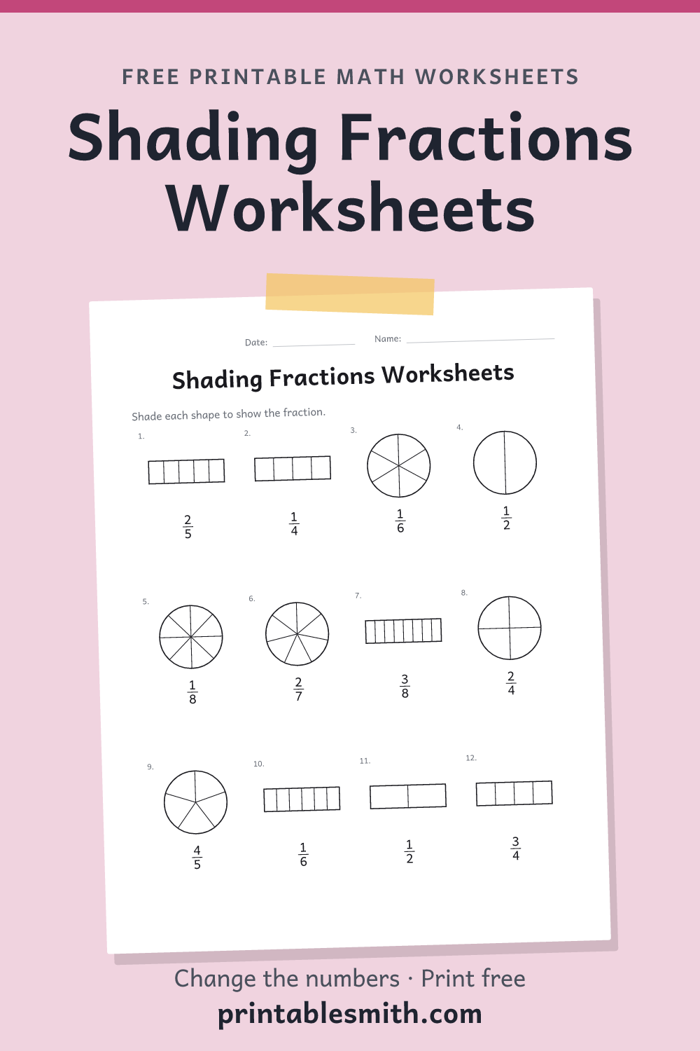 Shading Fractions Worksheets: printable math worksheet with 12 problems and an answer key, from a free math worksheet generator