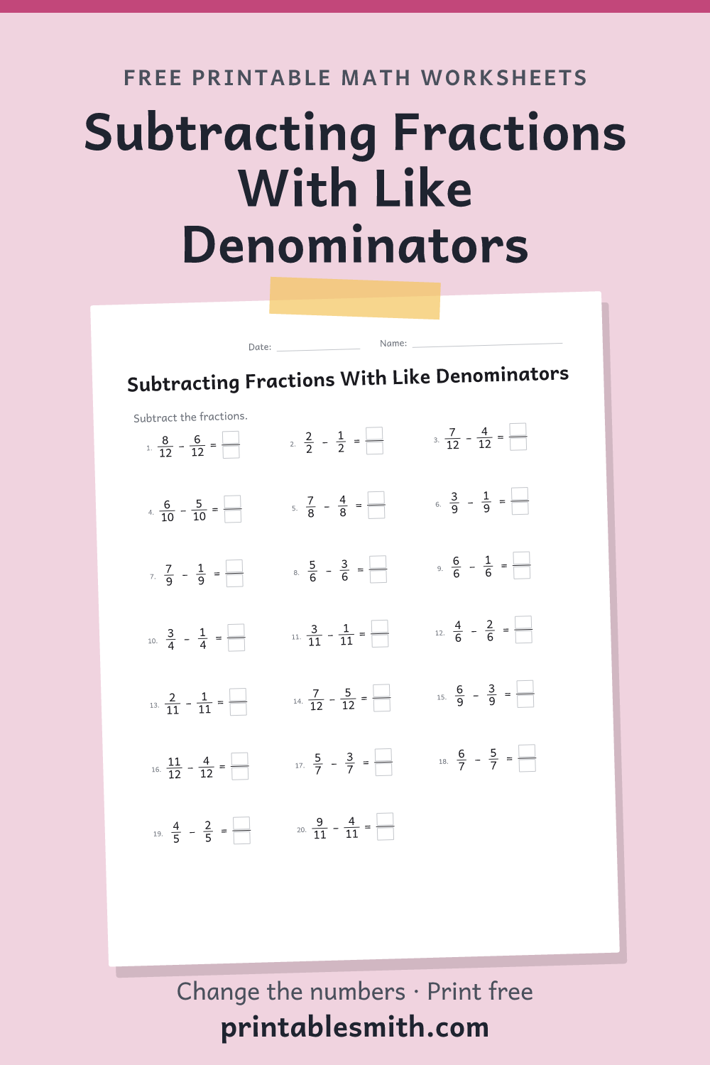 Subtracting Fractions With Like Denominators: printable math worksheet with 20 problems and an answer key, from a free math worksheet generator