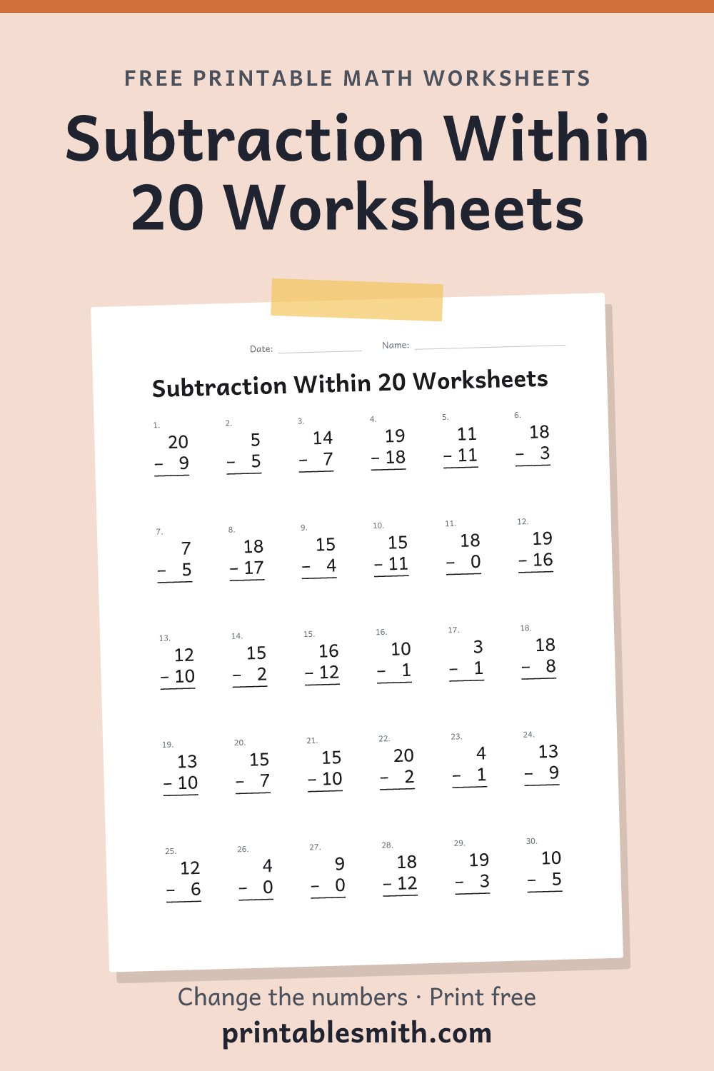 Subtraction Within 20 Worksheets: printable math worksheet with 30 problems and an answer key, from a free math worksheet generator