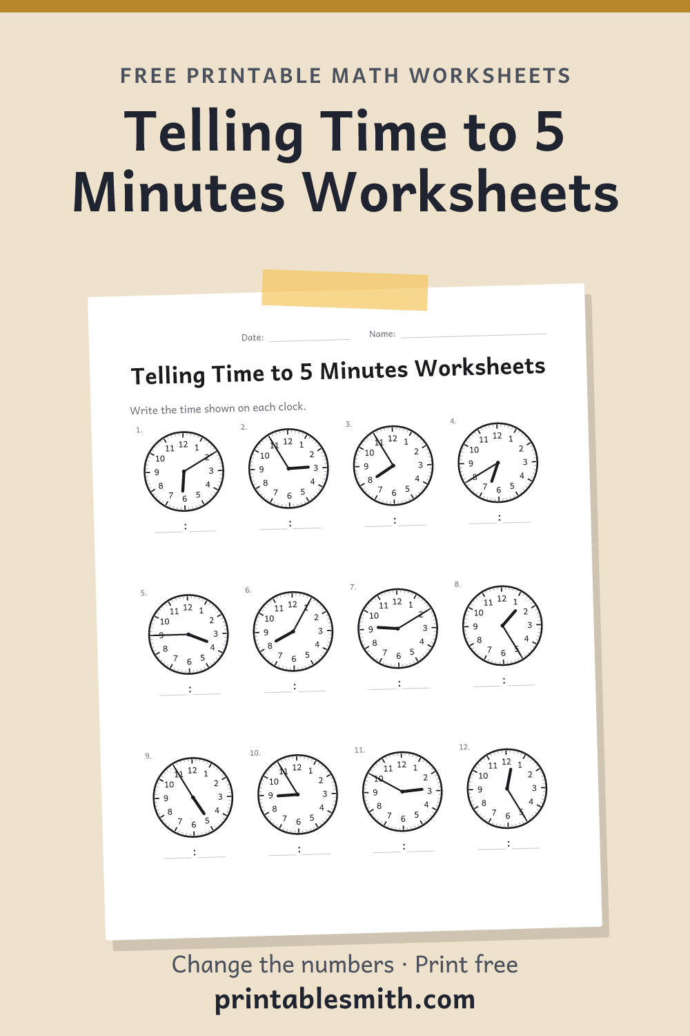 Telling Time to 5 Minutes Worksheets: printable math worksheet with 12 problems and an answer key, from a free math worksheet generator