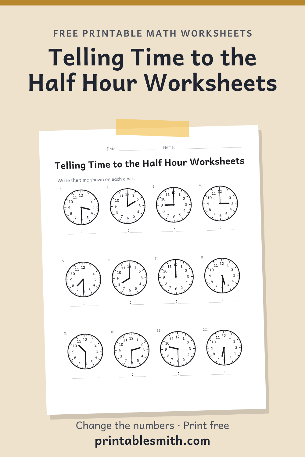 Telling Time to the Half Hour Worksheets: printable math worksheet with 12 problems and an answer key, from a free math worksheet generator