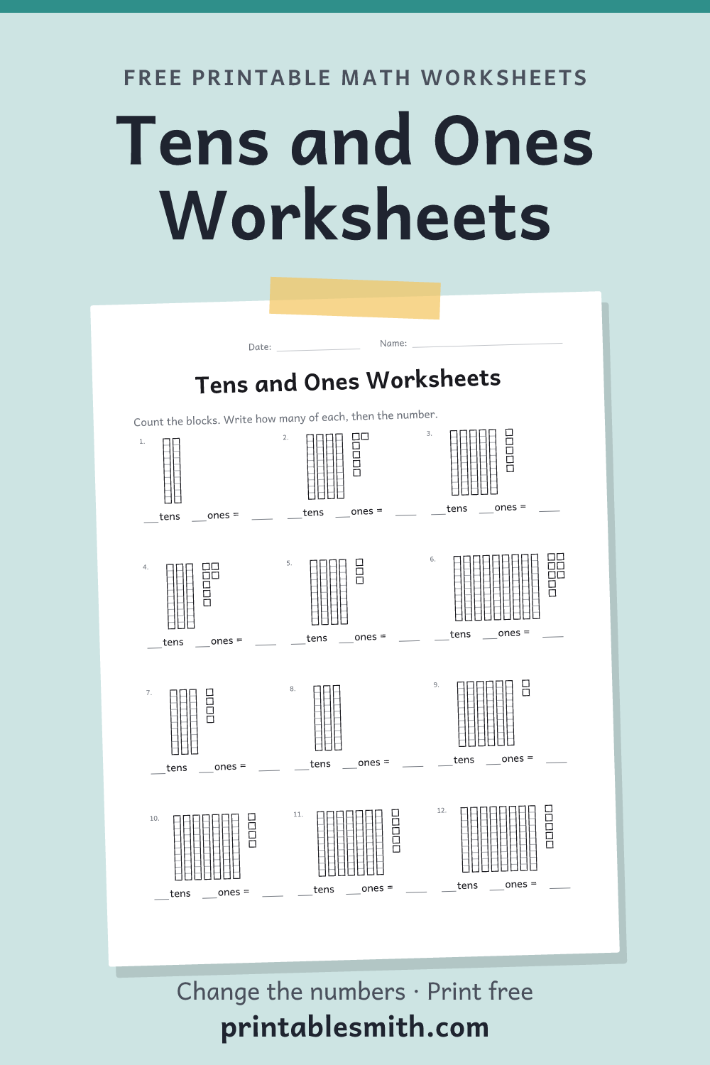 Tens and Ones Worksheets: printable math worksheet with 12 problems and an answer key, from a free math worksheet generator