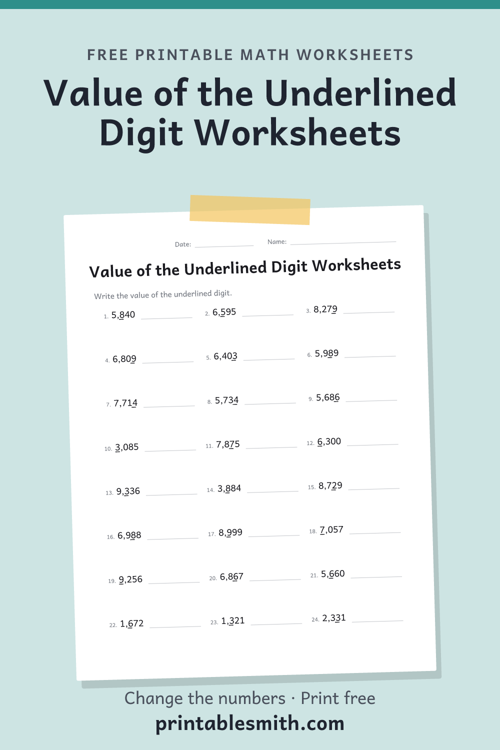 Value of the Underlined Digit Worksheets: printable math worksheet with 24 problems and an answer key, from a free math worksheet generator